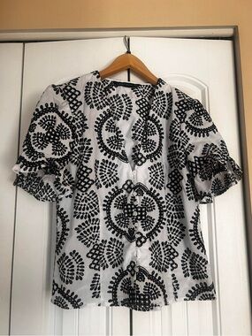Zara White Blouse with Black Embroidered Motifs